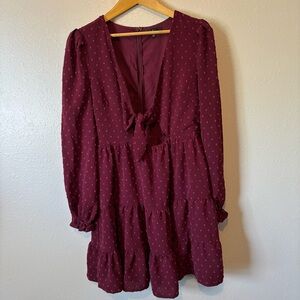 Lulu’s Darling Personality Burgundy Swiss Dot Tie Front Dress